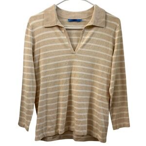 J McLaughlin Womens Beige White Striped‎ Collared V Neck Long Sleeve Sweater XS